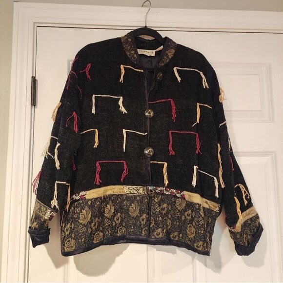 Flashback black fringe and floral detail button up jacket - Picture 1 of 4